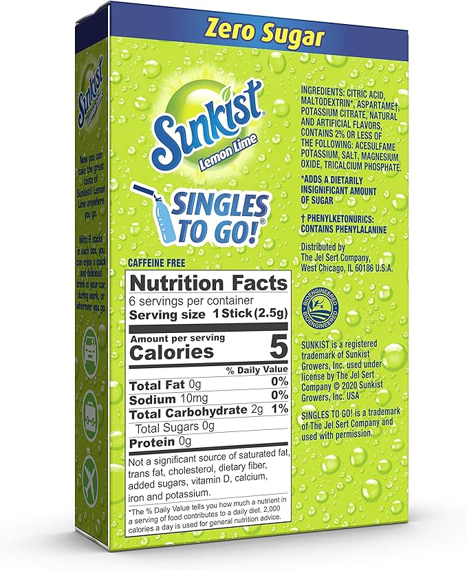 Sunkist Lemon Lime Zero Sugar Singles To Go drink mix, 0.53 oz (15 g) single-serve packet.