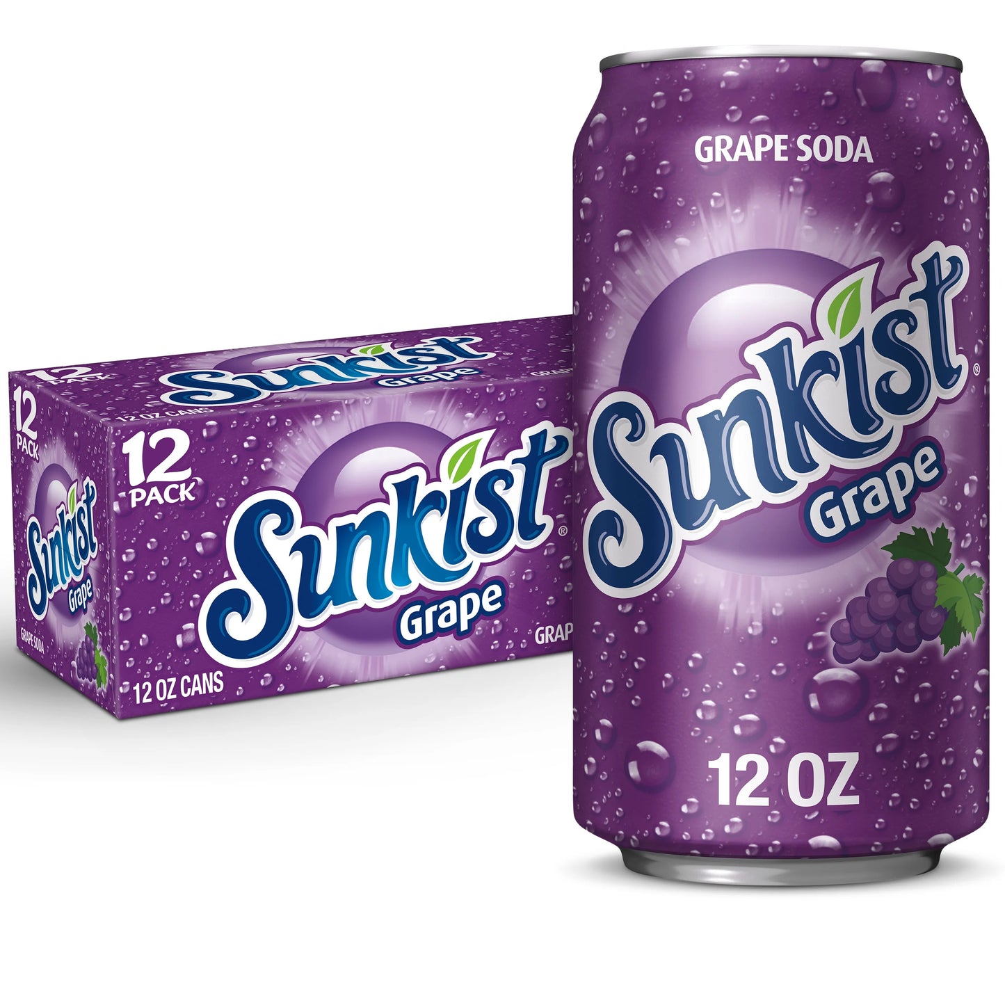 Sunkist Grape 12-pack of 355ml cans featuring vibrant purple packaging, offering a sweet, juicy grape soda with refreshing carbonation.