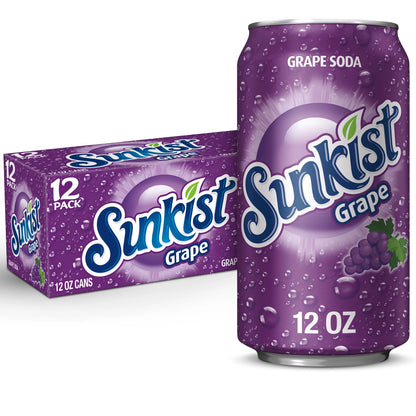 Sunkist Grape 12-pack of 355ml cans featuring vibrant purple packaging, offering a sweet, juicy grape soda with refreshing carbonation.