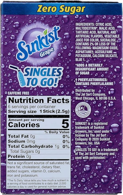 Sunkist Grape Zero Sugar Singles To Go drink mix, 0.58 oz (16.5 g) single-serve packet.