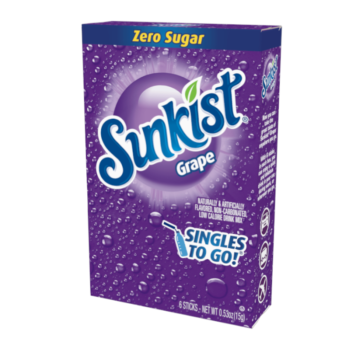 Single-serve Sunkist Grape Zero Sugar powdered drink mix, 0.58 oz, portable grape flavor