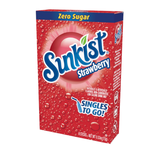 "Sunkist Strawberry Soda Zero Sugar Singles to Go (0.58oz) – Convenient sugar-free strawberry soda drink mix.