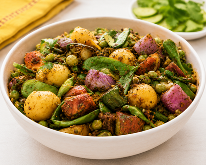 White ceramic bowl filled with traditional Surti Undhiyu, featuring baby potatoes, purple yam, green beans, peas, broad beans, and mixed seasonal vegetables cooked in aromatic Gujarati spices, served in a