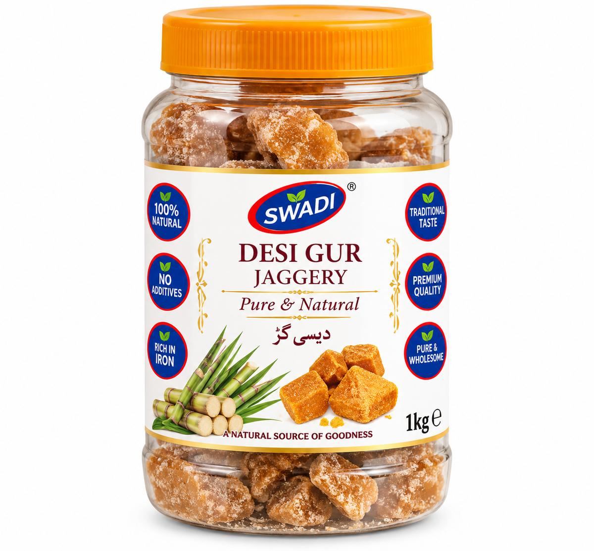 Swadi Desi Gur 1kg jar featuring an orange-yellow lid, transparent packaging filled with brown jaggery pieces, and a white label with sugarcane illustrations.