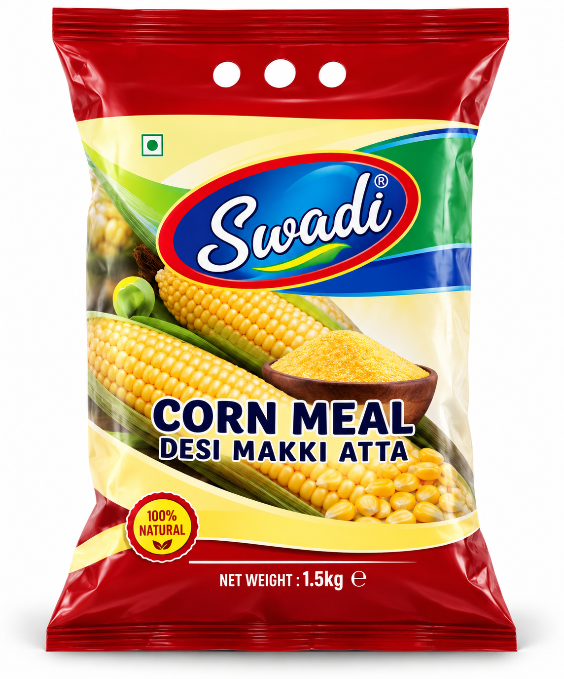 Swadi Desi Makki Atta 1.5kg pack featuring red, yellow, blue, and green packaging, the Swadi logo, golden corn cobs, a bowl of cornmeal, and a 100% natural badge.