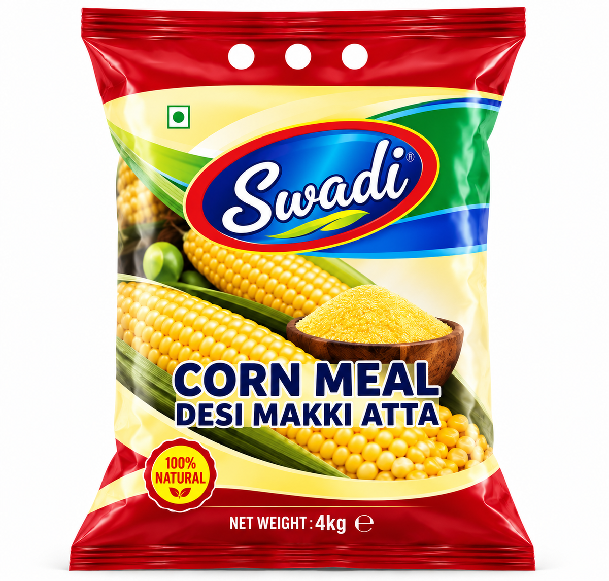 Swadi Desi Makki Atta 4kg pack featuring red, yellow, blue and green packaging, the Swadi logo, corn cobs, a wooden bowl of cornmeal and a 100% natural badge.