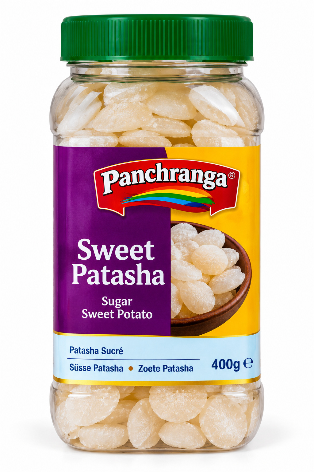 Swadi Sweet Patasa 400g jar featuring a transparent plastic container with a green lid, white sweet patasha pieces, and a purple and yellow Panchranga label.