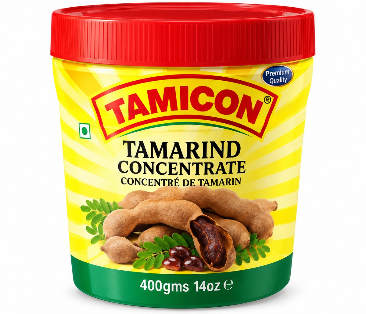 Tamicon Tamarind Concentrate 200g tub with a red lid and yellow-and-green packaging, featuring tamarind pods, pulp and seeds, ideal for adding tangy flavour to Indian curries, chutneys and sauces.