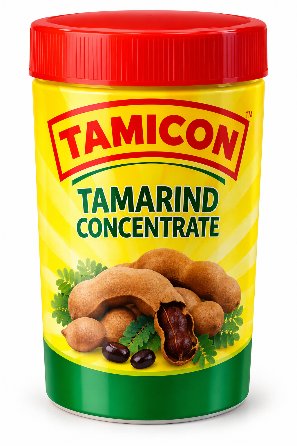 Tamicon Tamarind Concentrate 400g tub with a red lid and yellow-and-green packaging, featuring fresh tamarind pods and pulp, ideal for preparing Indian curries, chutneys, sauces and tangy recipes