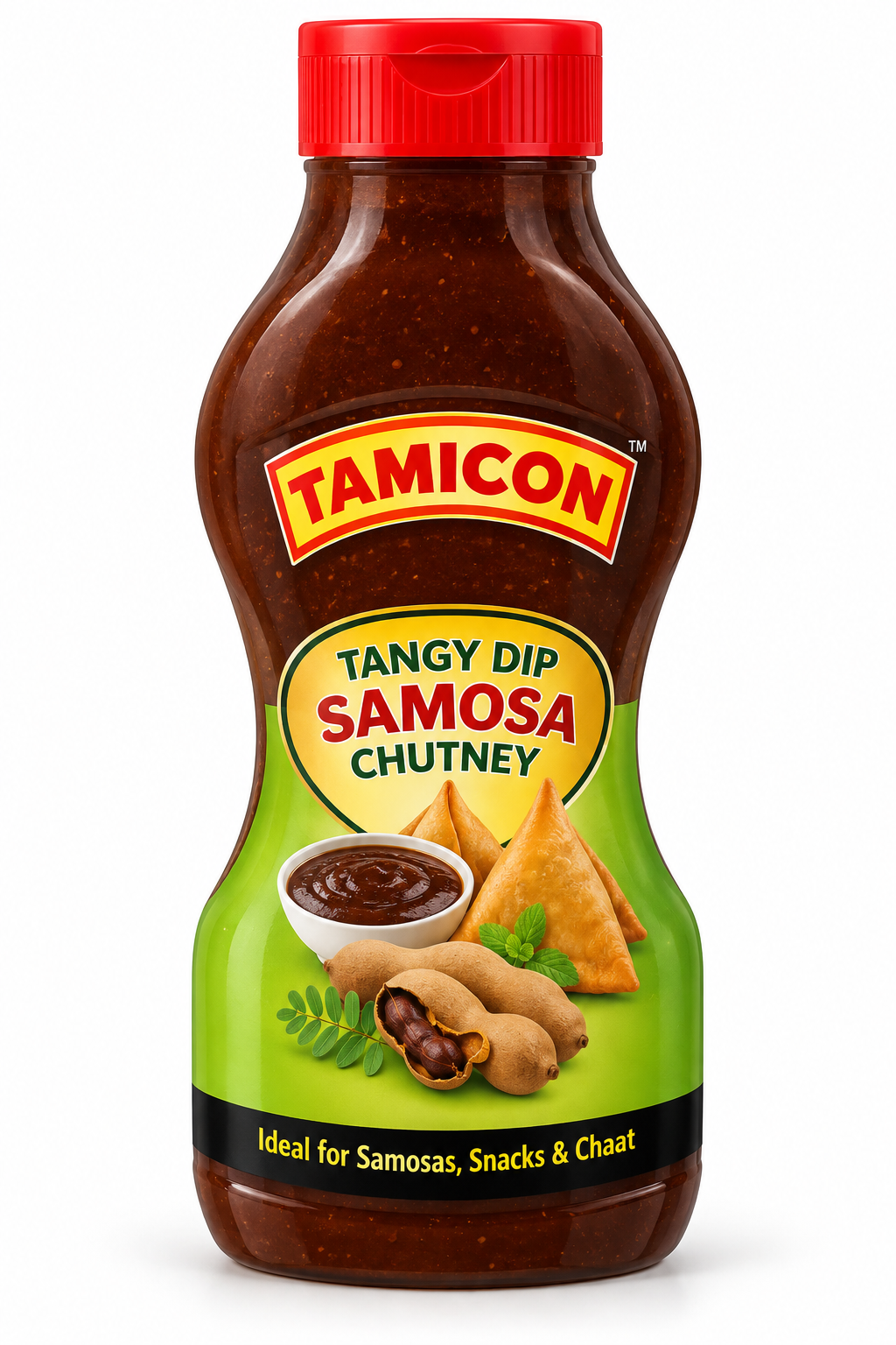 Tamicon Tangy Dip Samosa Chutney 300g bottle with a red cap and green-and-yellow label, featuring crispy samosas, tamarind chutney and fresh herbs, perfect for Indian snacks and chaat.