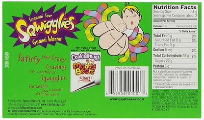 Sour candy worms in various fruity flavors, coated with sugar crystals.