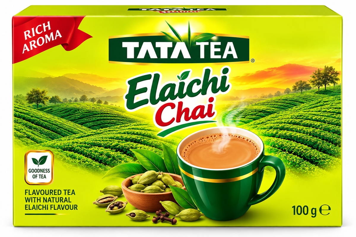 Tata Tea Elaichi Chai 100g bright green and yellow box featuring a steaming cup of chai, green cardamom pods, spices and tea garden imagery.