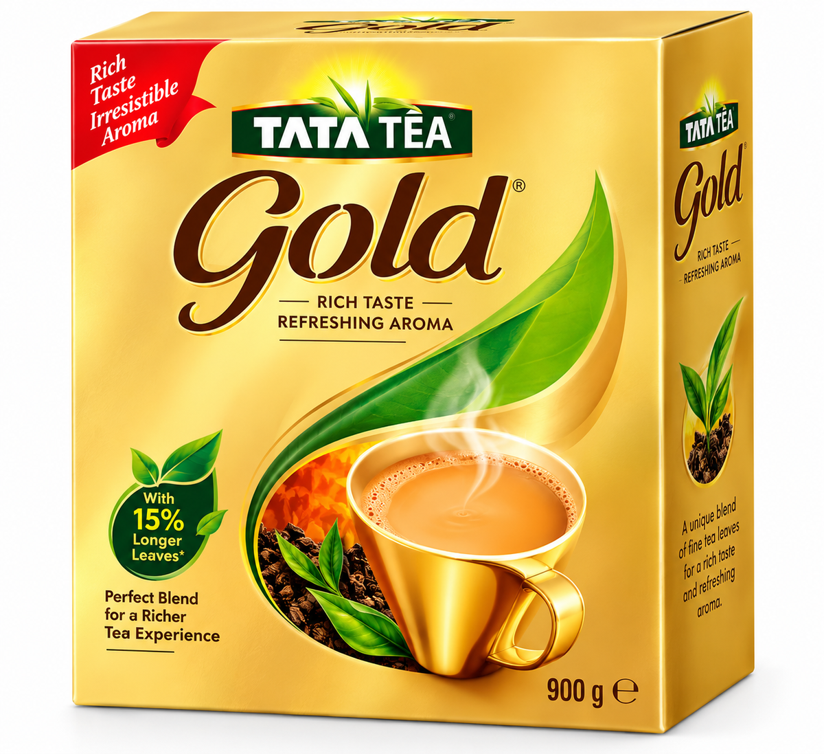 Girnar Premium Tea 1kg tin with a dark green lid, green-and-gold packaging, tea garden imagery, fresh tea leaves and a steaming