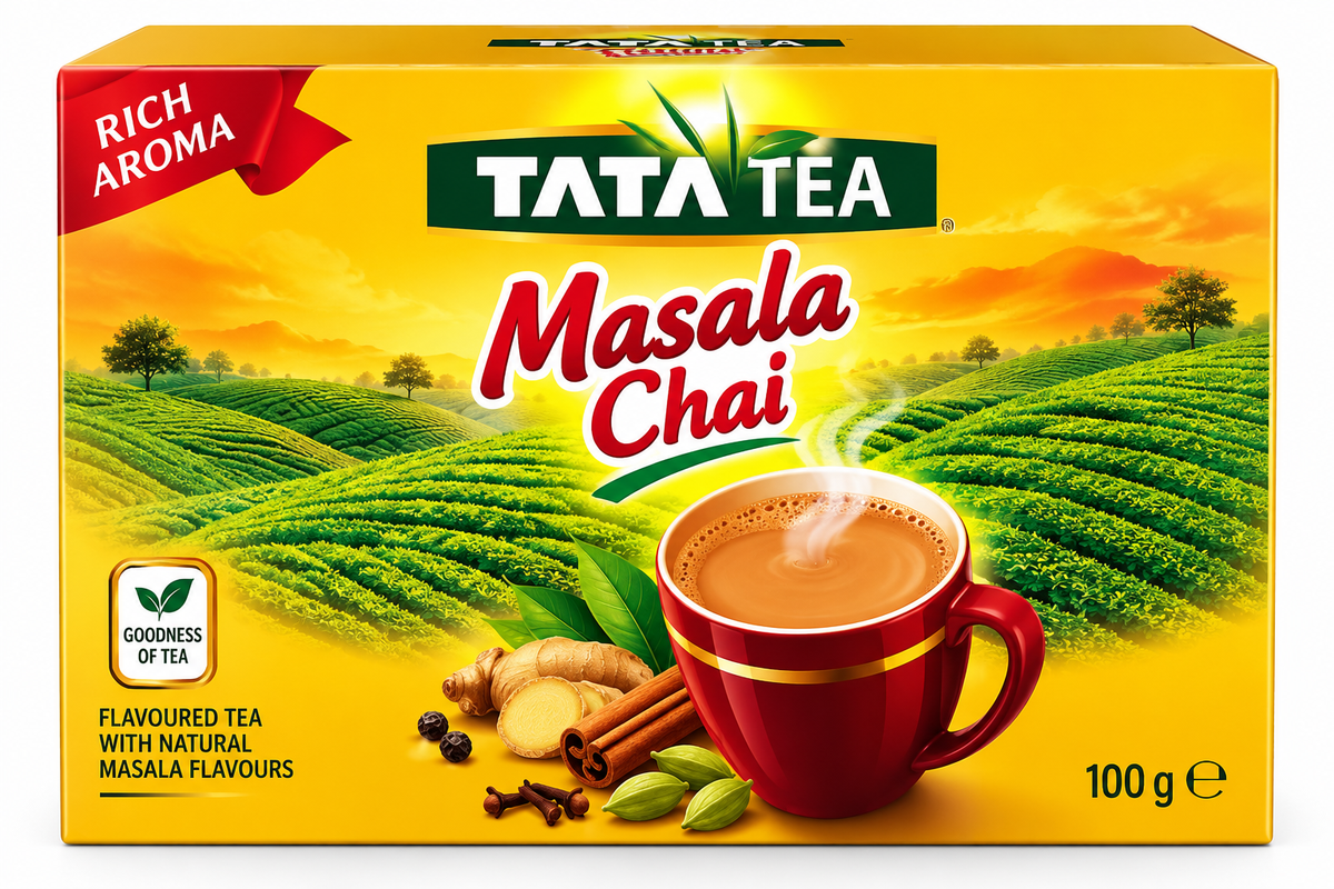 Tata Tea Masala Chai 100g yellow box featuring a steaming red cup of chai, cinnamon, cardamom, ginger, cloves and green tea plantation imagery.