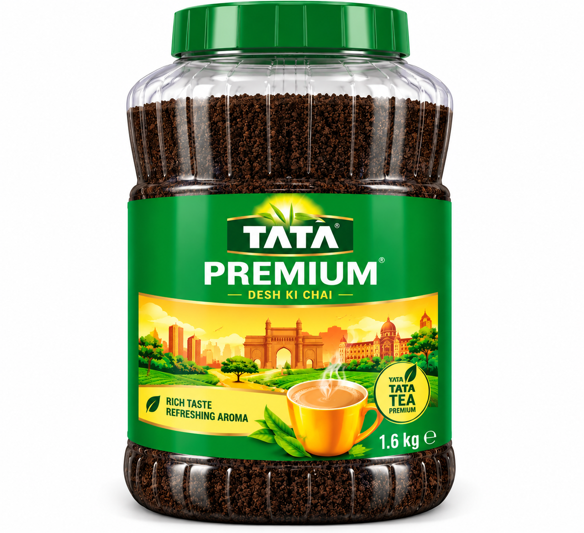 Tata Premium Tea 400g jar featuring dark tea granules in a transparent container, a green screw lid and a green label with a steaming cup of tea.