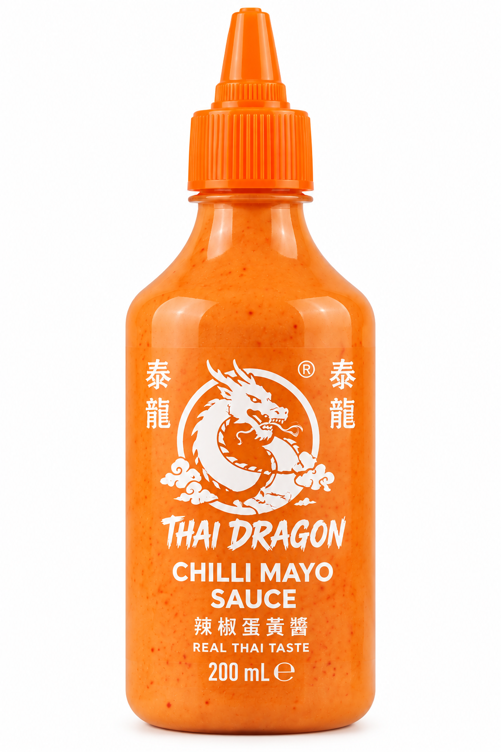 Thai Dragon Chilli Mayo Sauce 200ml in an orange squeeze bottle with a pointed cap, creamy chilli sauce and white dragon logo.