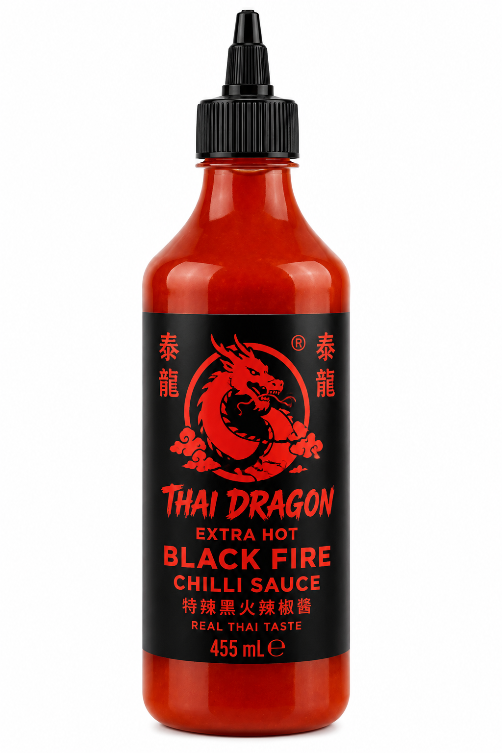 Thai Dragon Extra Hot Black Fire Chilli Sauce 455ml in a red bottle with a black cap and black label featuring a red dragon logo.