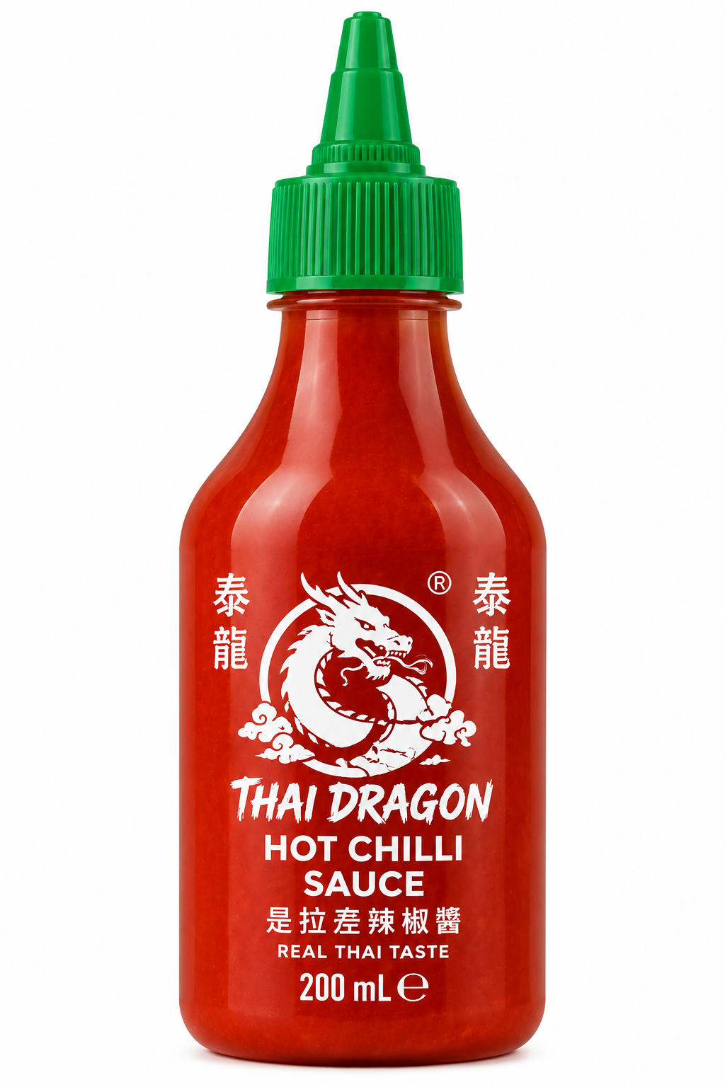 Thai Dragon Hot Chilli Sauce 200ml in a red squeeze bottle with a green pointed cap and white dragon logo, ideal for adding spicy Thai flavour to meals.