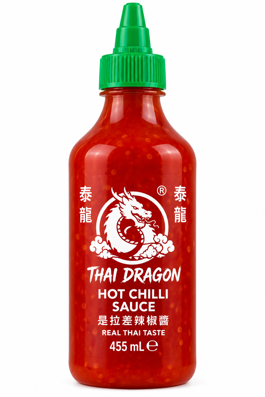 Thai Dragon Hot Chilli Sauce 455ml red squeeze bottle with a green cap and white dragon logo, featuring spicy red chilli sauce in a convenient squeeze bottle.