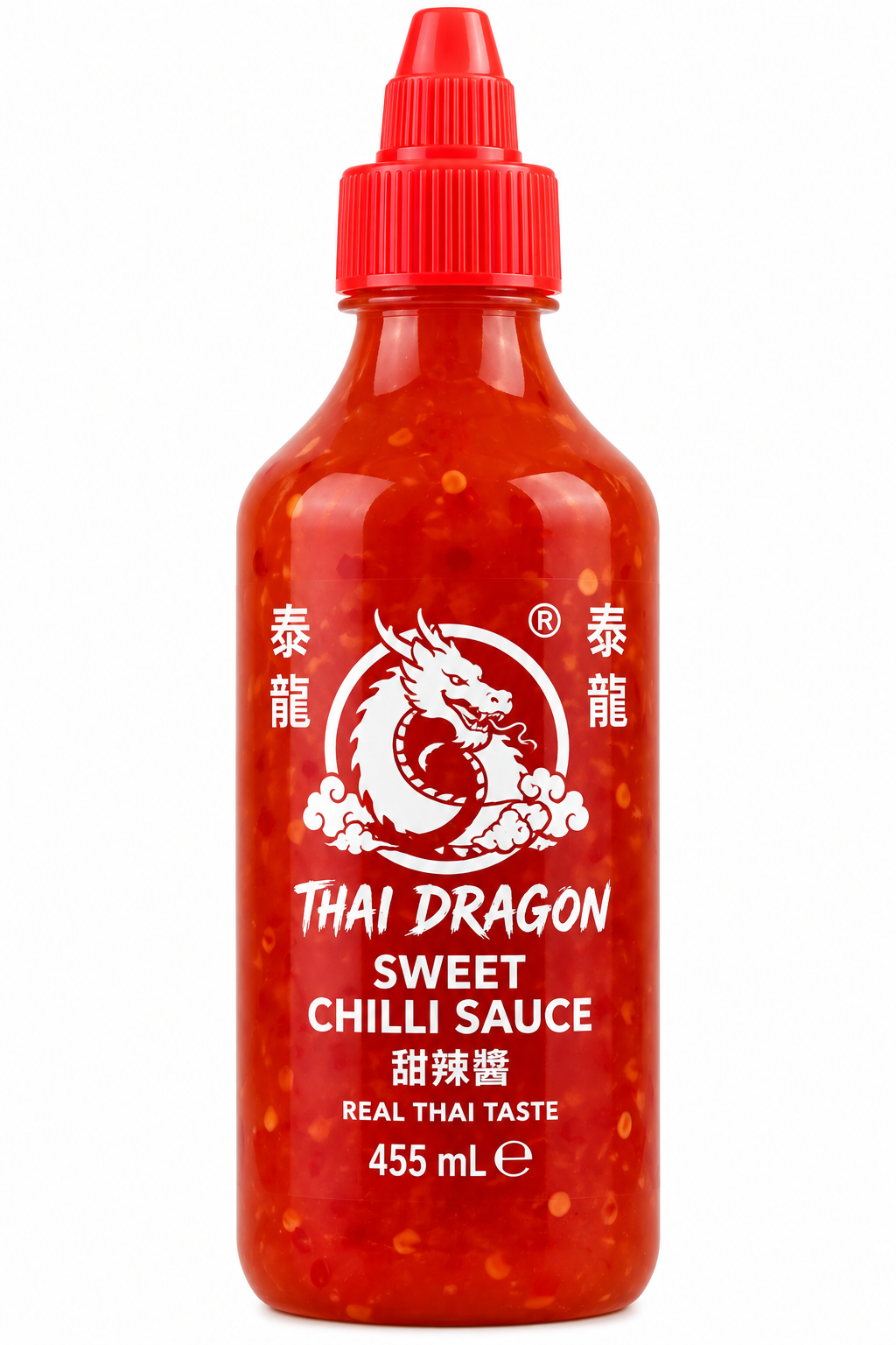 Thai Dragon Sweet Chilli Sauce 455ml red squeeze bottle with a red cap and white dragon logo, containing sweet chilli sauce with visible chilli pieces.
