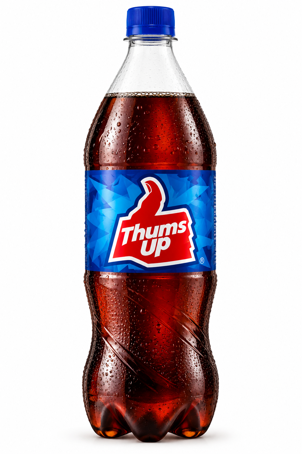 Thums Up Cola 740ml plastic bottle featuring a blue cap, dark brown cola, blue geometric label, bold red and white Thums Up logo, and a contoured transparent plastic bottle design.