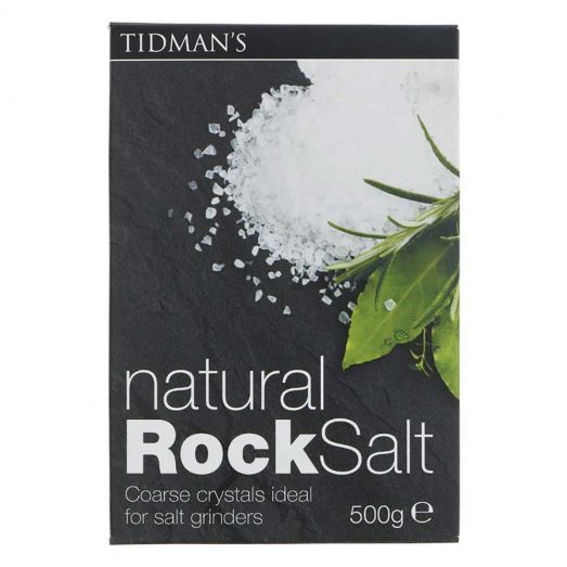 Pack of Tidman’s Natural Rock Salt 500g with coarse natural salt crystals for cooking, seasoning and culinary use.