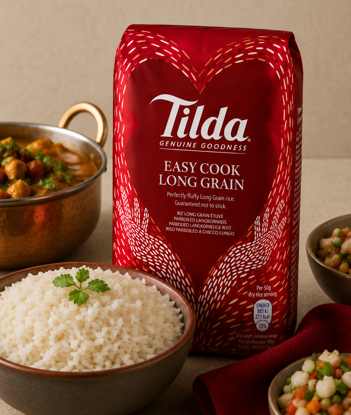 Tilda Easy Cook Long Grain Rice 500g pack tipped over with premium long grain rice spilling onto a wooden surface.
