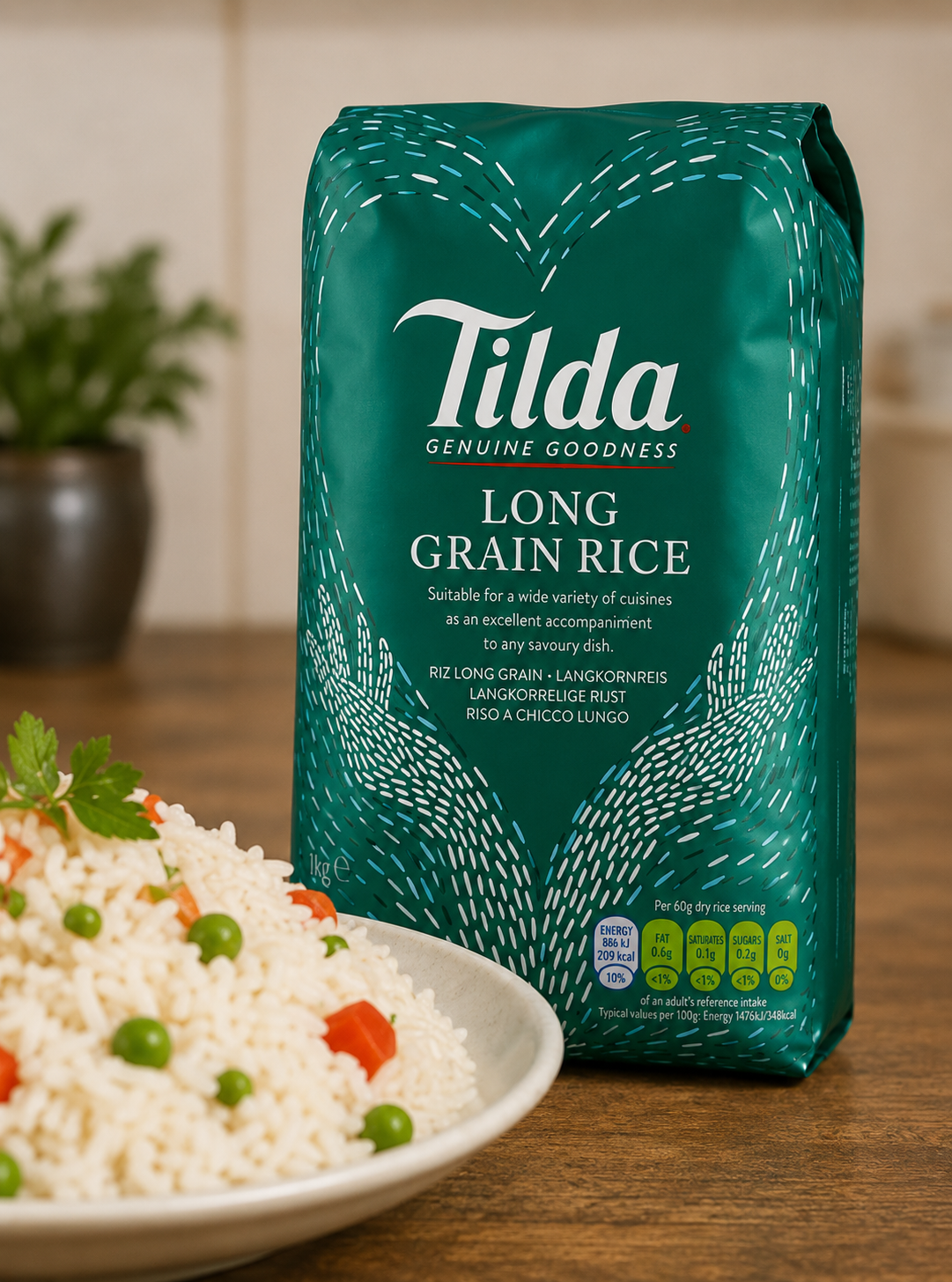 Close-up of raw Tilda Long Grain Rice in a ceramic bowl with a wooden scoop and premium long grain rice grains.