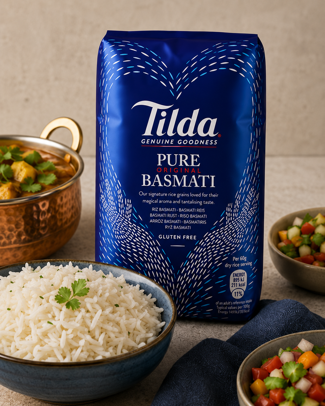 Tilda Pure Original Basmati Rice 500g pack with a bowl of fluffy cooked basmati rice, curry, and fresh salad.