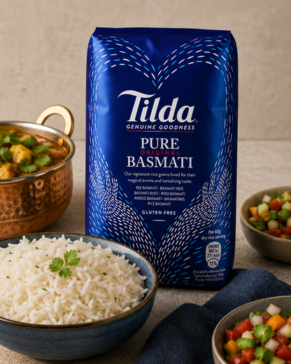 Tilda Pure Original Basmati Rice 500g pack with a bowl of fluffy cooked basmati rice, curry, and fresh salad.