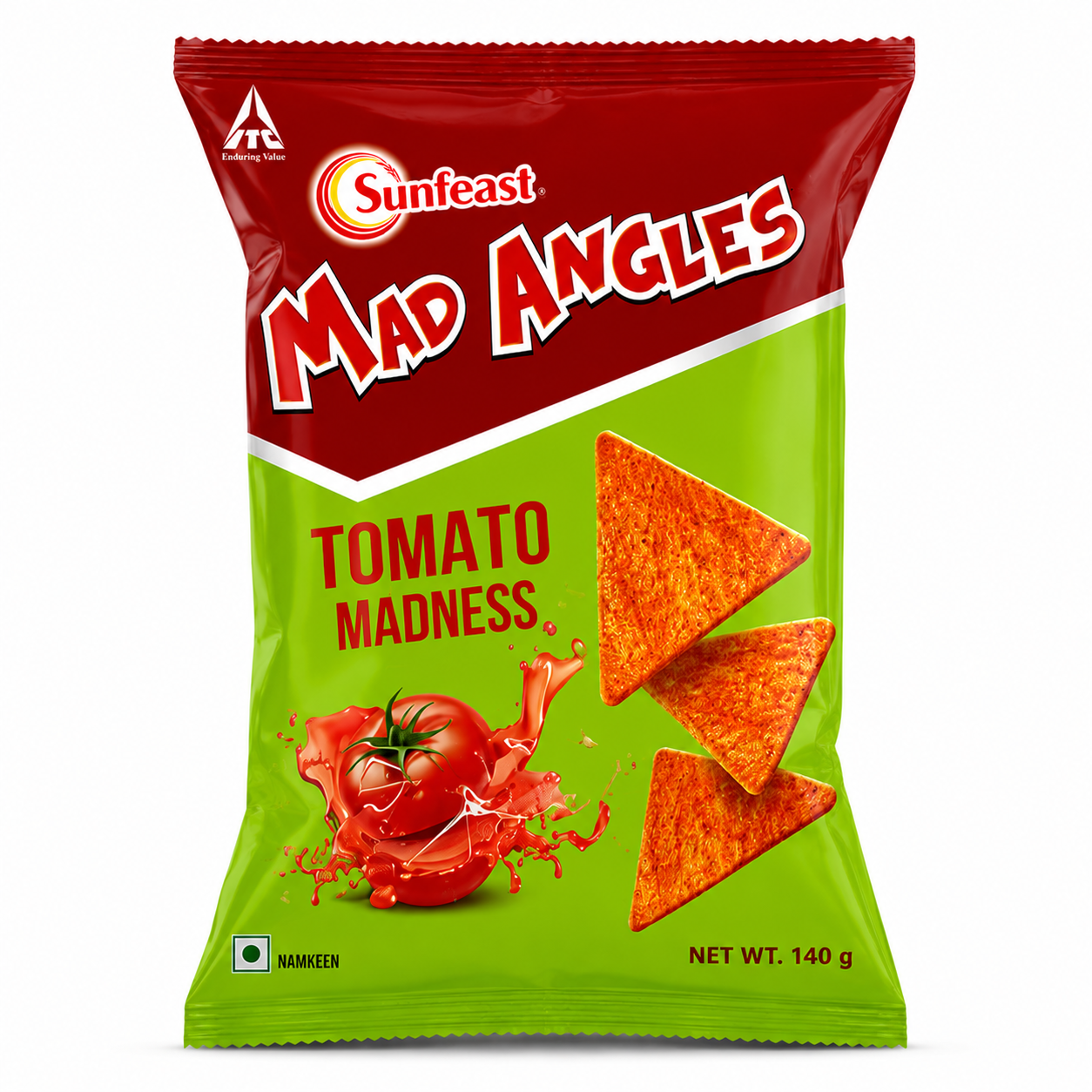 A 140g bag of Sunfeast Mad Angles Tomato Madness chips, featuring a red and lime green packaging design with illustrations of tomato slices and three triangular tortilla chips.