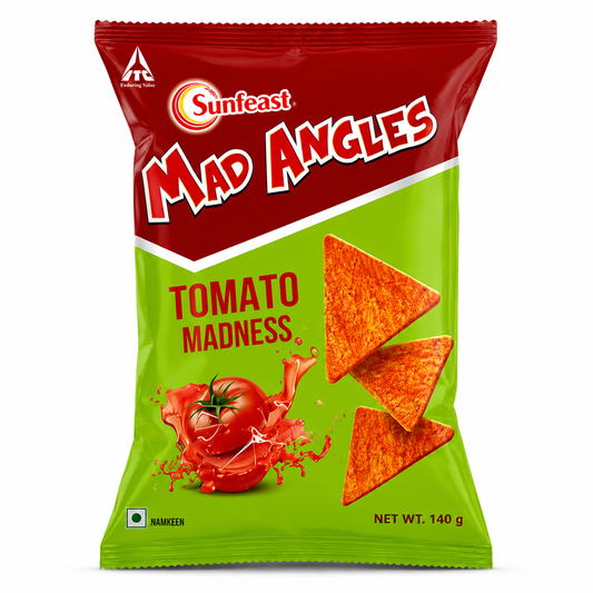 A 140g bag of Sunfeast Mad Angles Tomato Madness chips, featuring a red and lime green packaging design with illustrations of tomato slices and three triangular tortilla chips.