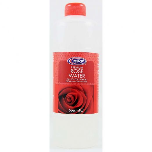 Top Op Premium Rose Water 600ml clear plastic bottle with pink label and cap, suitable for cooking, desserts, and skincare use.