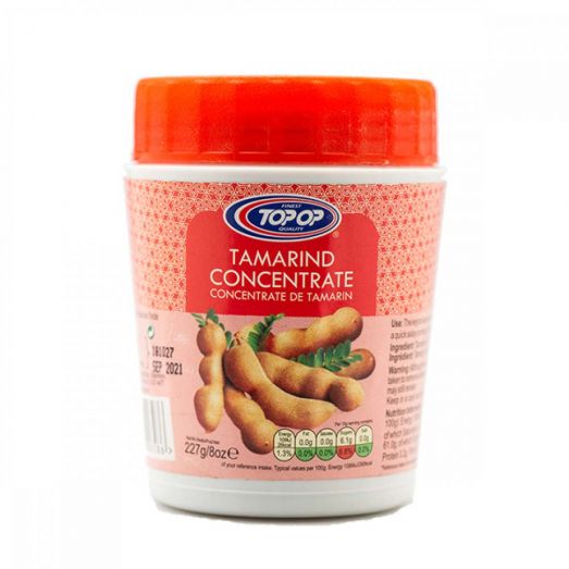 Top Op Tamarind Concentrate jar available in 227g and 454g sizes, thick and smooth tamarind paste used for Indian cooking, curries, sambar and rasam.