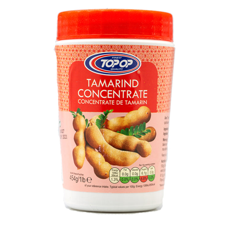 Top Op Tamarind Concentrate jar available in 227g and 454g sizes, thick and smooth tamarind paste used for Indian cooking, curries, sambar and rasam.