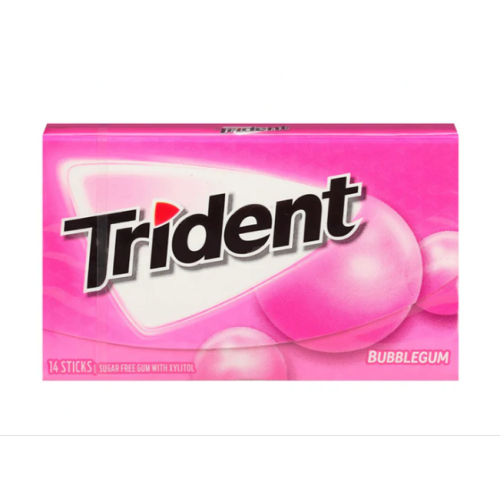 Close-up of Trident Bubblegum Sugar-Free Gum stick – individually wrapped sugar-free bubblegum