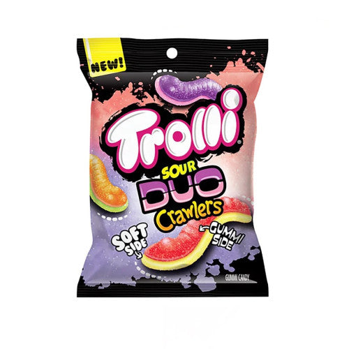 Hand holding a Trolli Duo Crawlers gummy worm