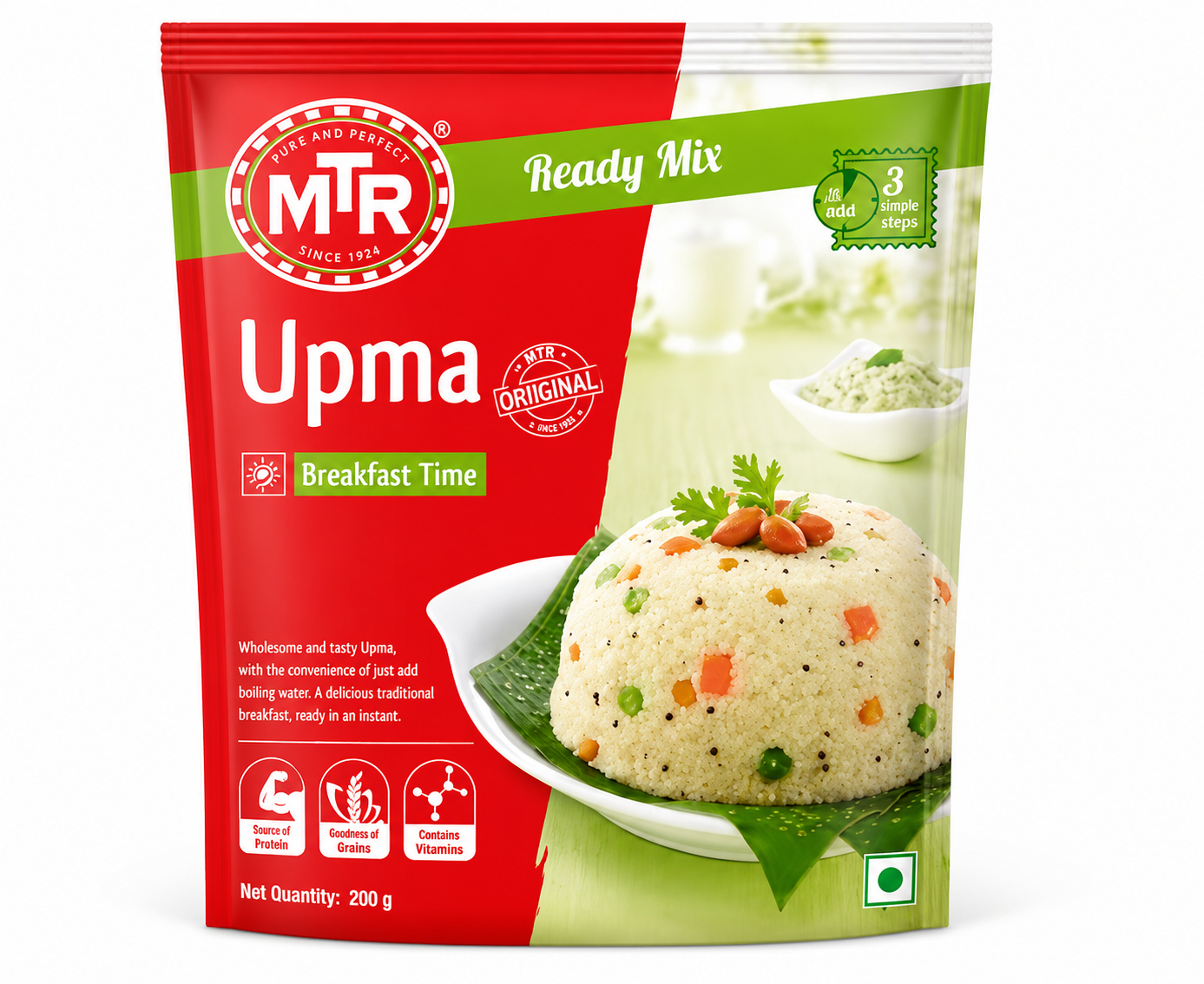 A 200 g pouch of MR Ready Mix Upma Breakfast Time ready mix, featuring a red and green package design with a photo of prepared upma on a plate.