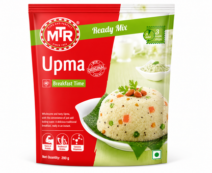 A 200 g pouch of MR Ready Mix Upma Breakfast Time ready mix, featuring a red and green package design with a photo of prepared upma on a plate.
