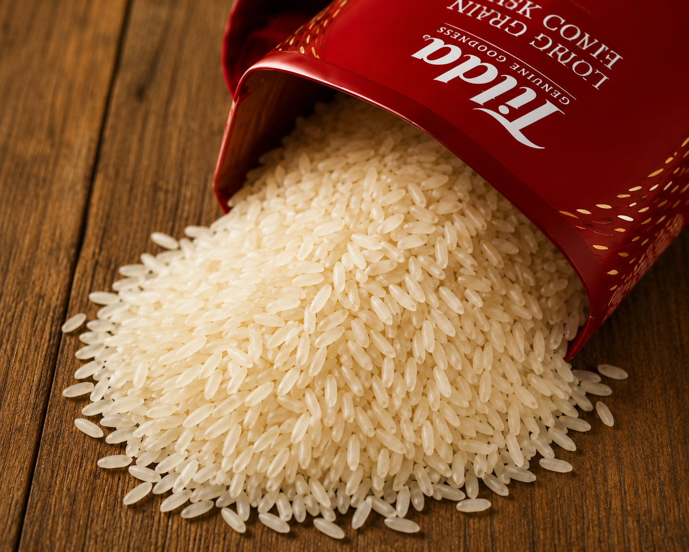 Tilda Easy Cook Long Grain Rice pouring from a red rice pack onto a wooden table.