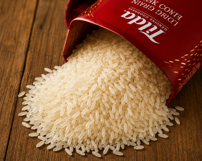 Tilda Easy Cook Long Grain Rice pouring from a red rice pack onto a wooden table.