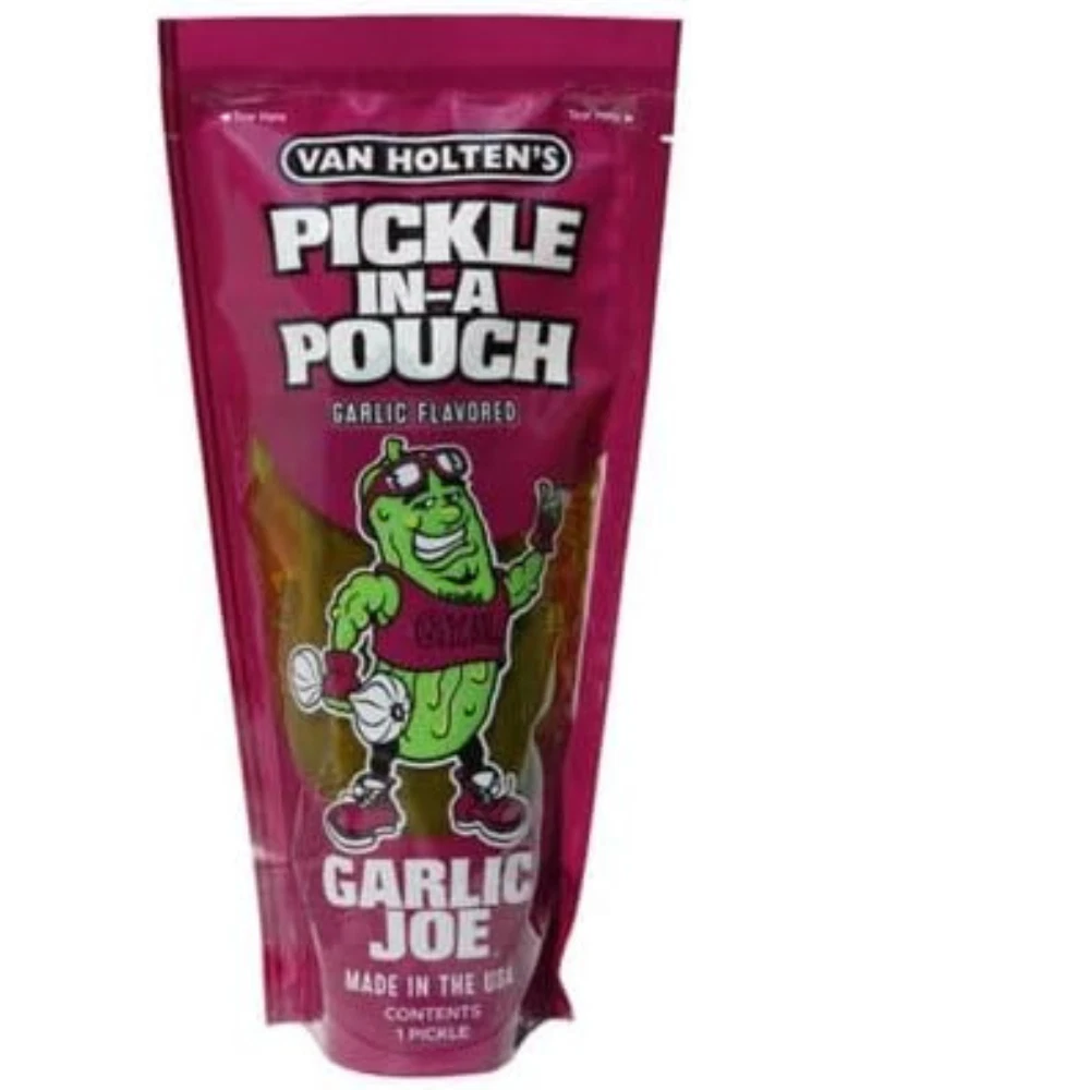 Garlic Joe whole dill pickle snack in portable pouch