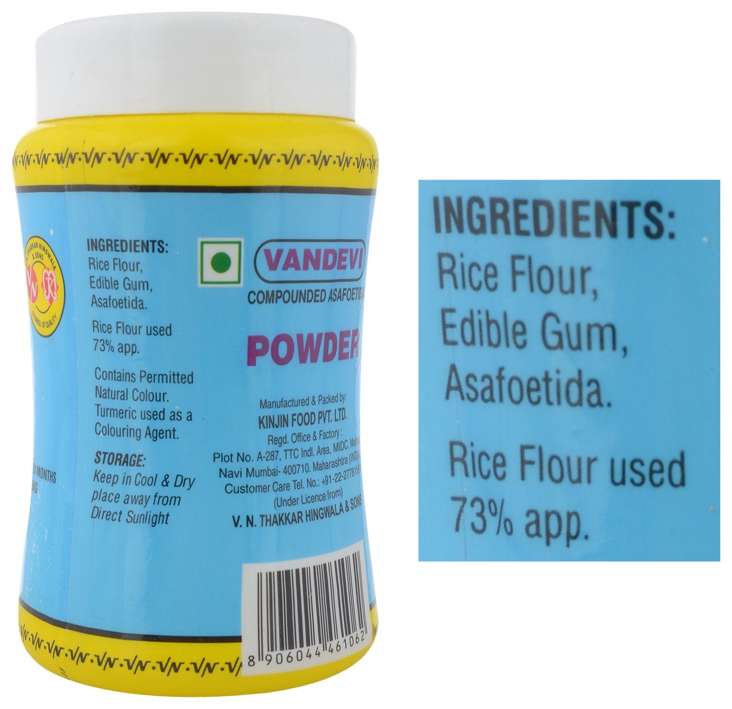 Back label of Vandevi Asafoetida Hing jar displaying ingredients, nutritional information, manufacturer details and storage instructions on sealed spice container.