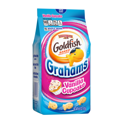 "Goldfish Grahams Vanilla Cupcake – Fish-shaped crackers with a sweet vanilla cupcake flavor in a 6oz bag.