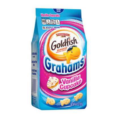 "Goldfish Grahams Vanilla Cupcake – Fish-shaped crackers with a sweet vanilla cupcake flavor in a 6oz bag.