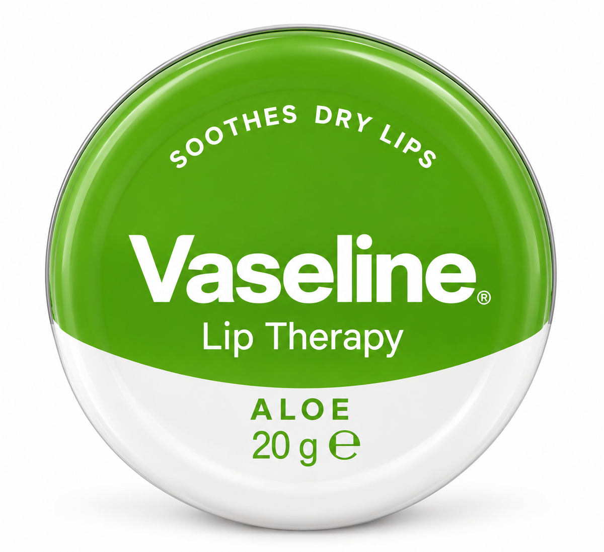 Vaseline Aloe Vera Lip Therapy 20g round tin with green-and-white packaging, featuring the Vaseline logo and aloe variant label, designed to soothe dry lips, displayed on a clean white background.