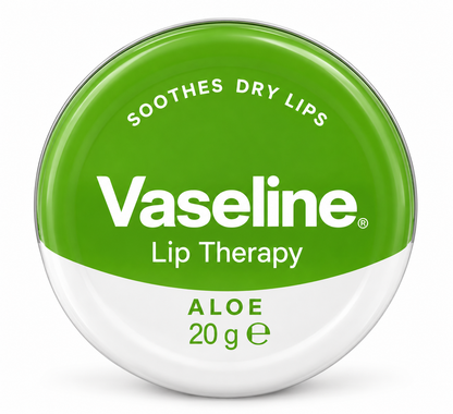 Vaseline Aloe Vera Lip Therapy 20g round tin with green-and-white packaging, featuring the Vaseline logo and aloe variant label, designed to soothe dry lips, displayed on a clean white background.