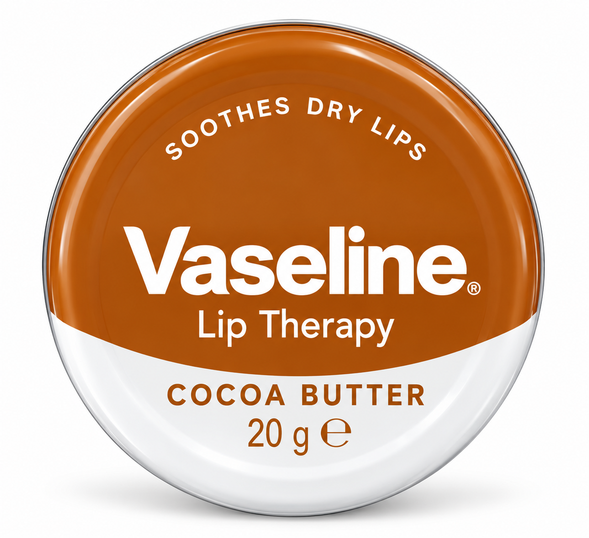 Vaseline Cocoa Butter Lip Therapy 20g round tin with a brown-and-white lid, featuring the Vaseline logo and cocoa butter label, designed to soothe dry lips, displayed on a clean white background.