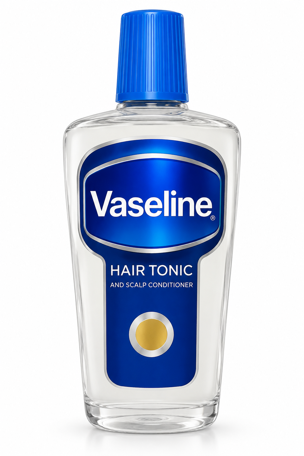 Vaseline Hair Tonic 100ml transparent bottle with a blue cap and blue-and-silver label, featuring hair tonic and scalp conditioner branding, displayed on a clean white background.