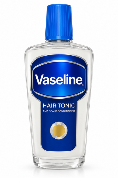 Vaseline Hair Tonic 100ml transparent bottle with a blue cap and blue-and-silver label, featuring hair tonic and scalp conditioner branding, displayed on a clean white background.